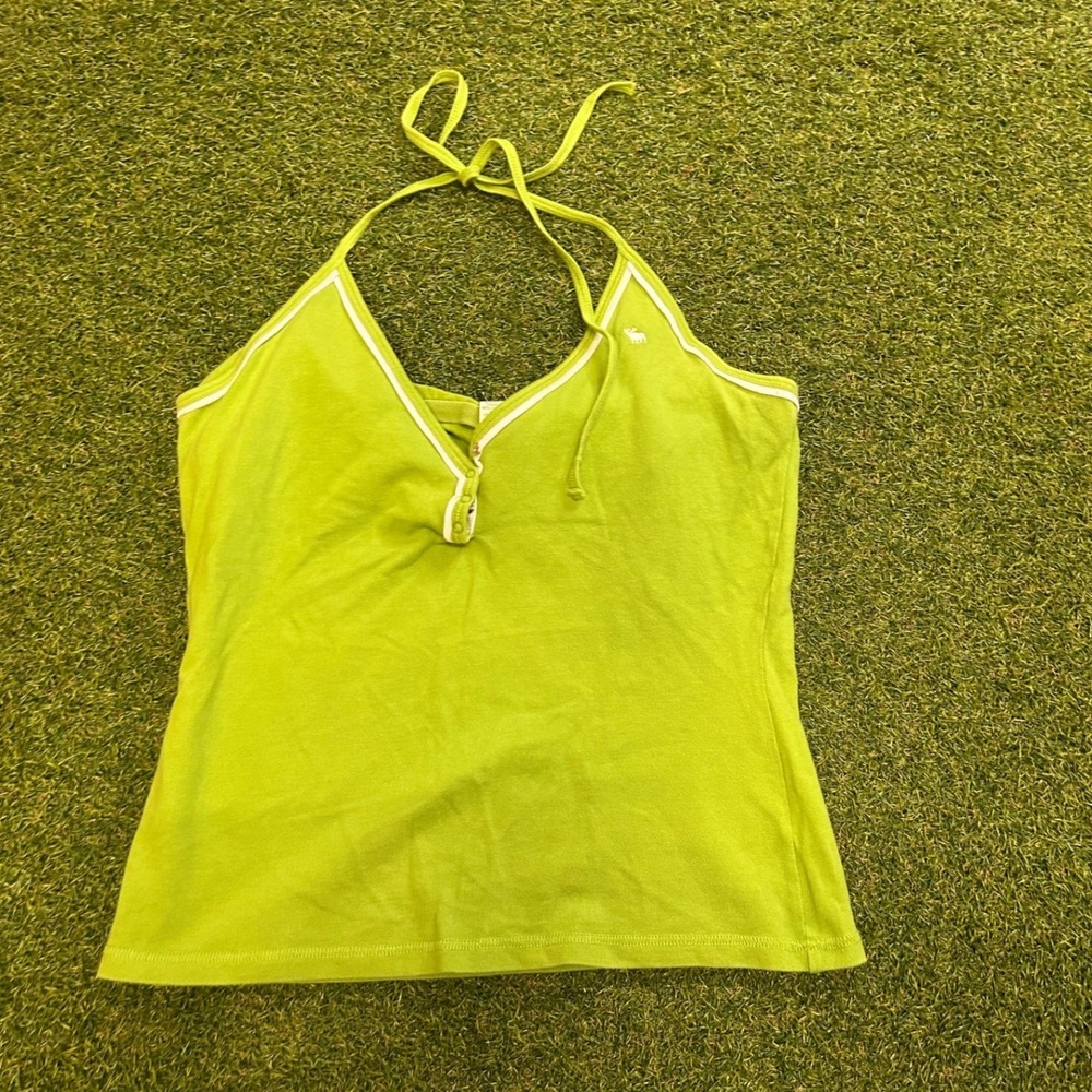 Abercrombie & Fitch Lime Green Pique Halter Top Y2K Moose Logo Large